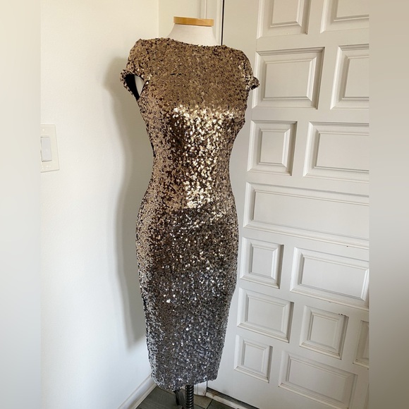 Dress The Population Ombré Gold Silver Sequin Dress Cap Sleeve Low Back Medium - Picture 12 of 12